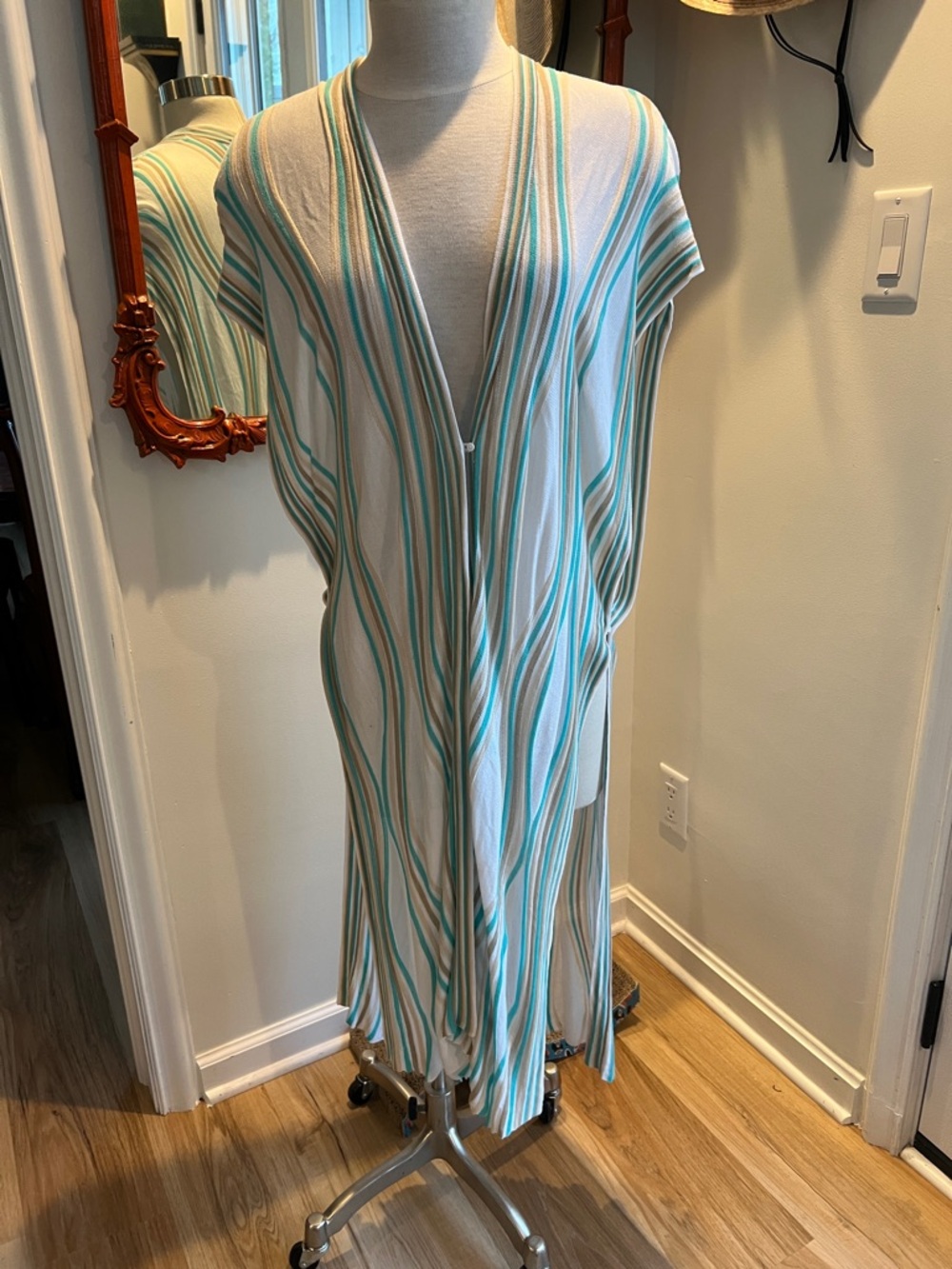Kerisma Cream & Aqua Striped Open-Front Cardigan Beach Cover up O/S